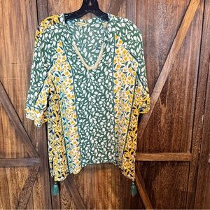 Democracy Green and Yellow Leaf Print Blouse